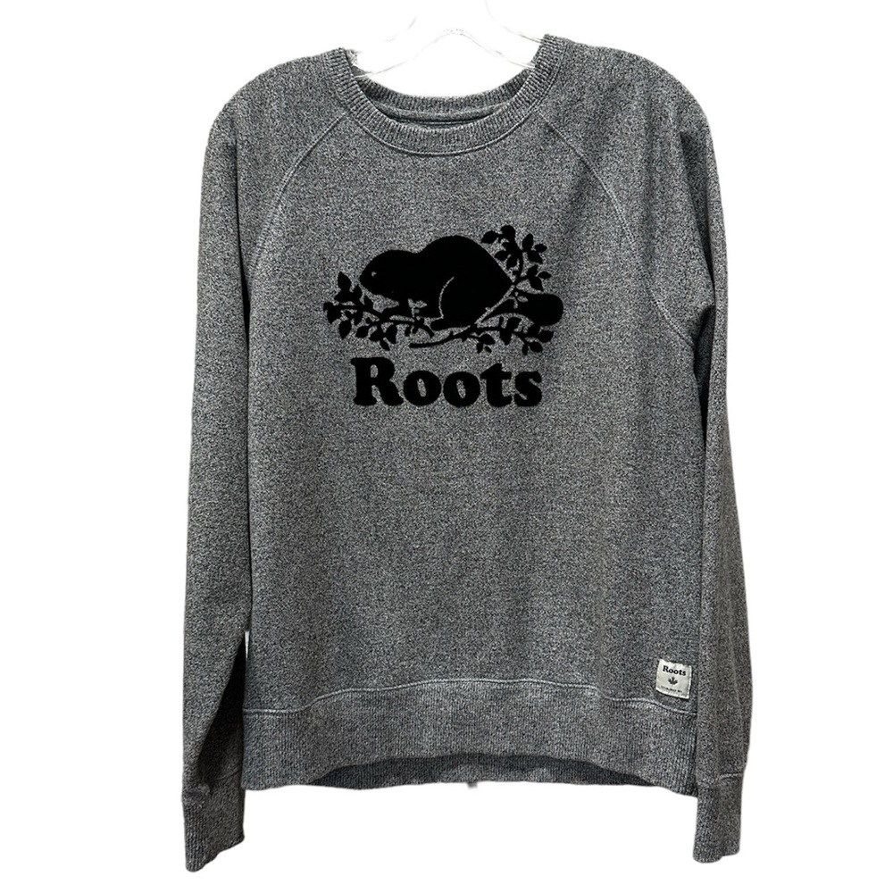 ROOTS Canada Felt Print Graphic Salt & Pepper Crew Long Sleeve Sweatshirt L
